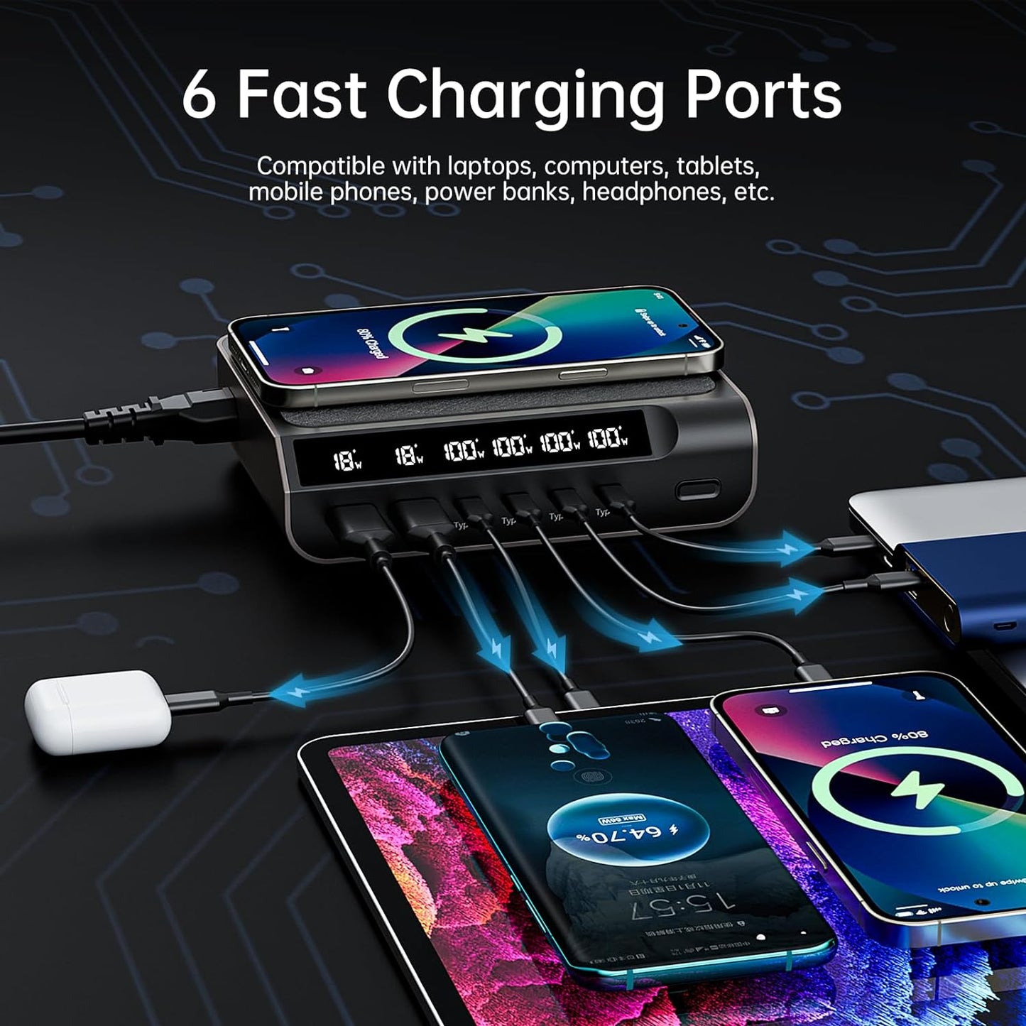 ZukiLand：240W 6Ports Wireless Charger with Wattage Display