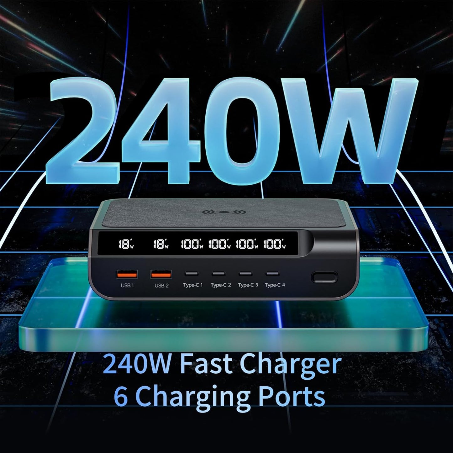 ZukiLand：240W 6Ports Wireless Charger with Wattage Display